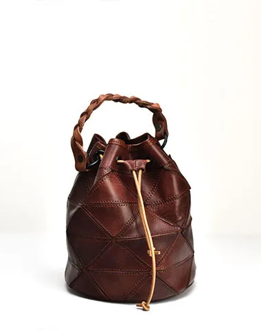 Womens Black Leather Bucket Shoulder Bag Purse Vintage Split Joint Barrel Round Handbag Crossbody Purse for Women