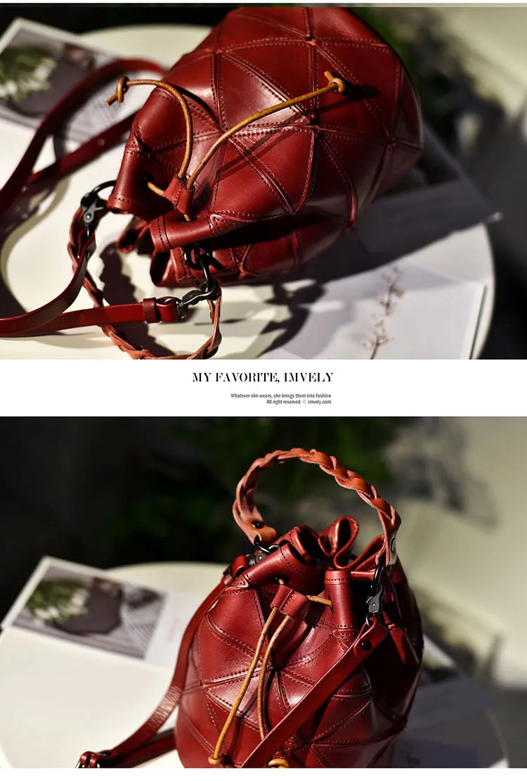 Womens Black Leather Bucket Shoulder Bag Purse Vintage Split Joint Barrel Round Handbag Crossbody Purse for Women