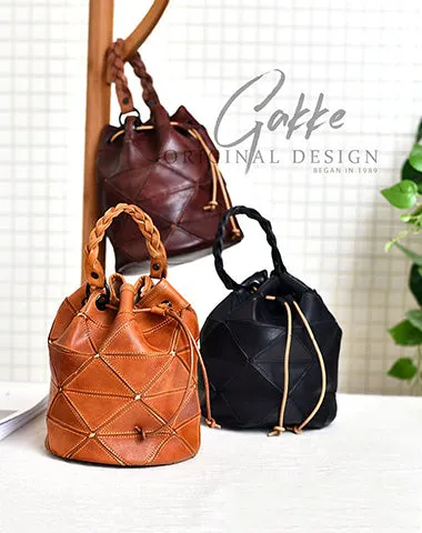 Womens Black Leather Bucket Shoulder Bag Purse Vintage Split Joint Barrel Round Handbag Crossbody Purse for Women
