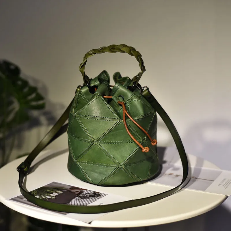 Womens Black Leather Bucket Shoulder Bag Purse Vintage Split Joint Barrel Round Handbag Crossbody Purse for Women