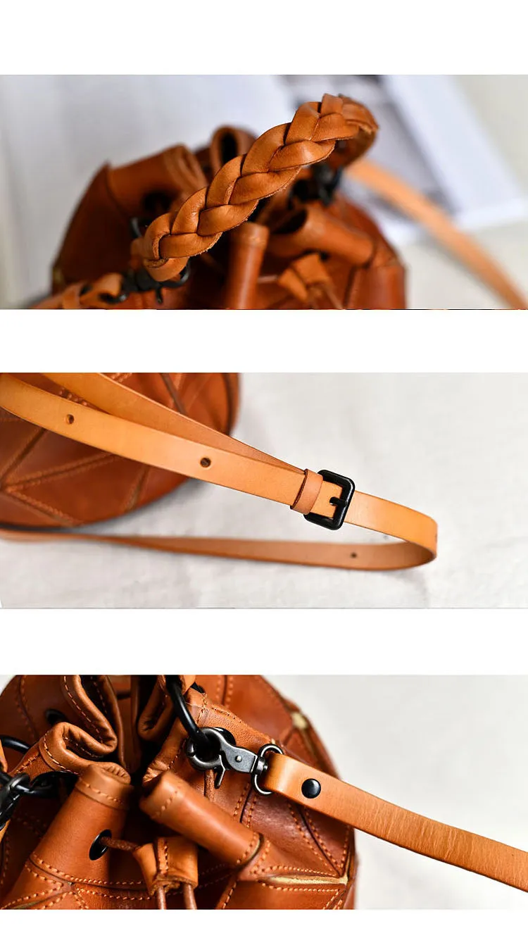 Womens Black Leather Bucket Shoulder Bag Purse Vintage Split Joint Barrel Round Handbag Crossbody Purse for Women