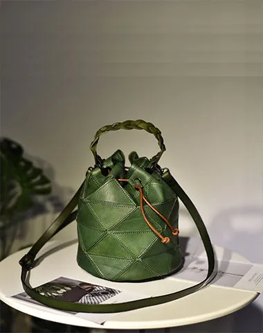 Womens Black Leather Bucket Shoulder Bag Purse Vintage Split Joint Barrel Round Handbag Crossbody Purse for Women