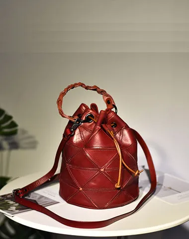 Womens Black Leather Bucket Shoulder Bag Purse Vintage Split Joint Barrel Round Handbag Crossbody Purse for Women