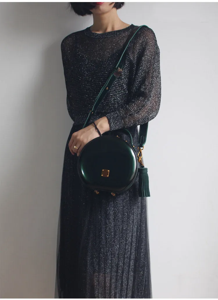 Womens Black Leather Round Handbag Crossbody Purse With Tassels Black Round Shoulder Bags for Women