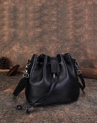 Womens Brown Leather Barrel Crossbody Bag Purse Vintage Round Bucket Shoulder Bag for Women