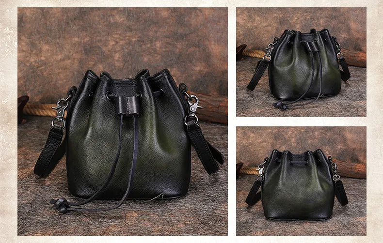 Womens Brown Leather Barrel Crossbody Bag Purse Vintage Round Bucket Shoulder Bag for Women