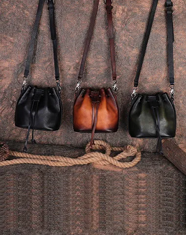 Womens Brown Leather Barrel Crossbody Bag Purse Vintage Round Bucket Shoulder Bag for Women