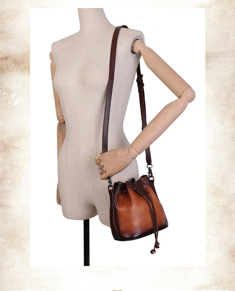 Womens Brown Leather Barrel Crossbody Bag Purse Vintage Round Bucket Shoulder Bag for Women
