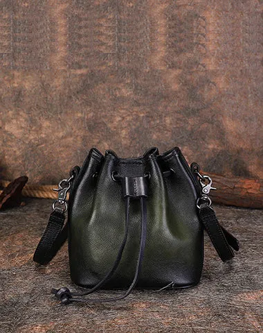 Womens Brown Leather Barrel Crossbody Bag Purse Vintage Round Bucket Shoulder Bag for Women