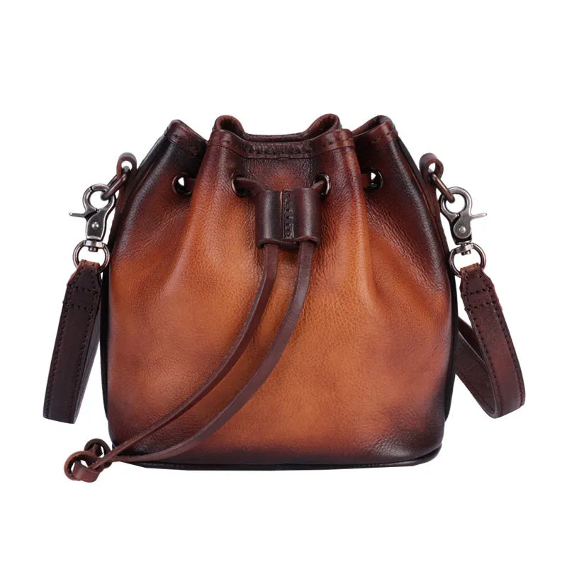 Womens Brown Leather Barrel Crossbody Bag Purse Vintage Round Bucket Shoulder Bag for Women