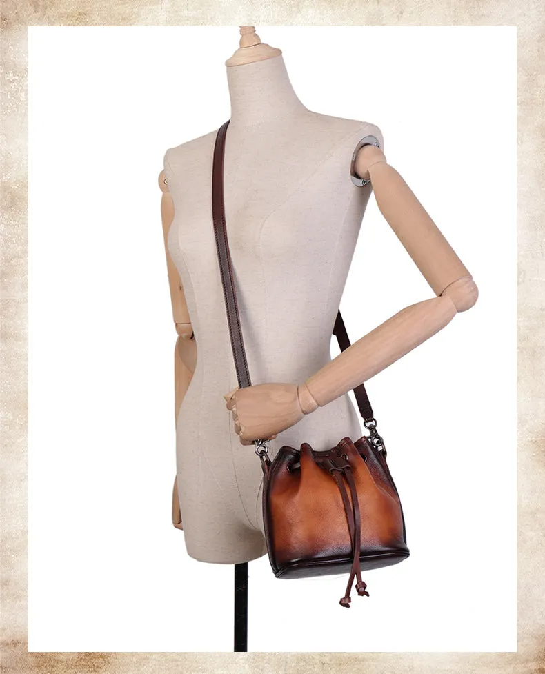 Womens Brown Leather Barrel Crossbody Bag Purse Vintage Round Bucket Shoulder Bag for Women