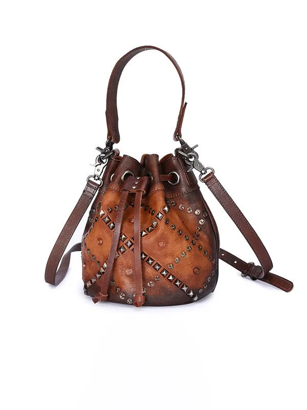 Womens Brown Leather Barrel Handbag Purse Vintage Rivet Round Shoulder Bag Bucket Crossbody Handbag for Women
