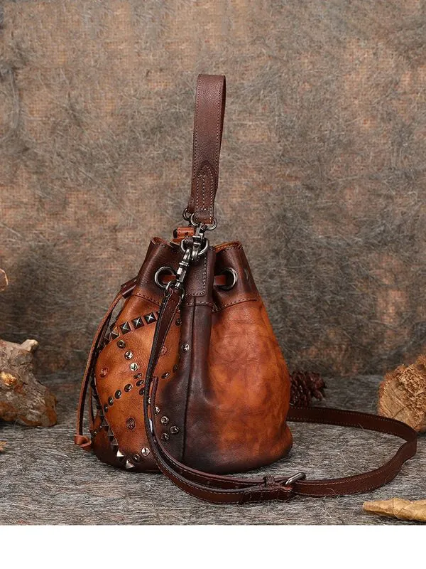 Womens Brown Leather Barrel Handbag Purse Vintage Rivet Round Shoulder Bag Bucket Crossbody Handbag for Women