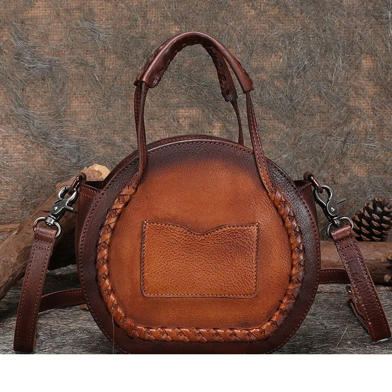 Womens Brown Leather Round Handbag Purses with Tassels Vintage Handmade Round Shoulder Bag Crossbody Handbag for Women
