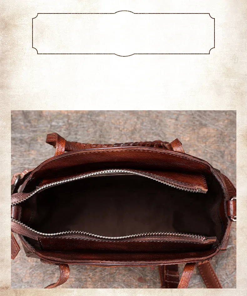 Womens Brown Leather Round Handbag Purses with Tassels Vintage Handmade Round Shoulder Bag Crossbody Handbag for Women