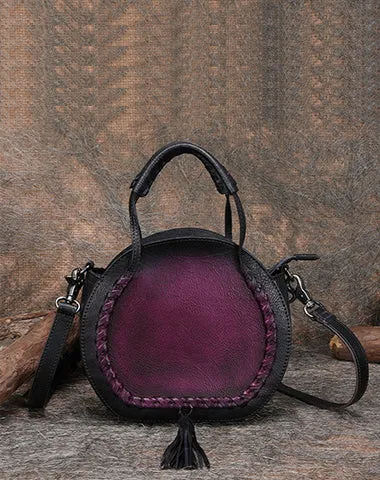Womens Brown Leather Round Handbag Purses with Tassels Vintage Handmade Round Shoulder Bag Crossbody Handbag for Women
