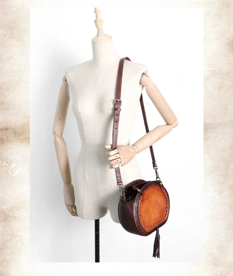 Womens Brown Leather Round Handbag Purses with Tassels Vintage Handmade Round Shoulder Bag Crossbody Handbag for Women