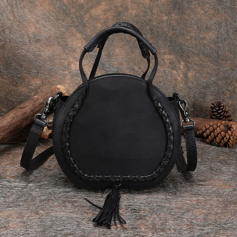 Womens Brown Leather Round Handbag Purses with Tassels Vintage Handmade Round Shoulder Bag Crossbody Handbag for Women