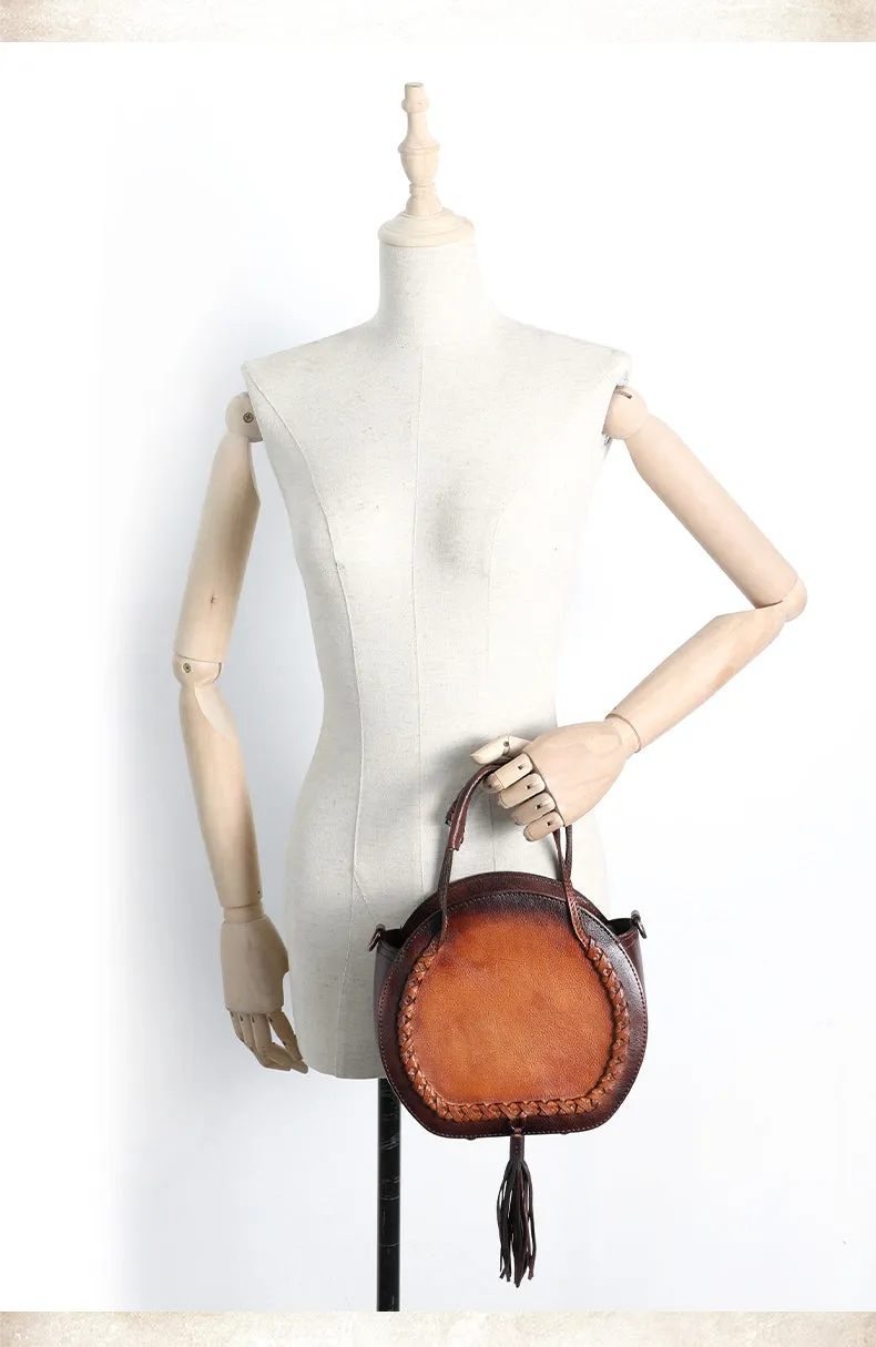 Womens Brown Leather Round Handbag Purses with Tassels Vintage Handmade Round Shoulder Bag Crossbody Handbag for Women