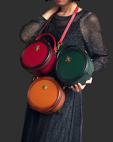 Womens Brown Leather Small Round Handbag Crossbody Purse Round Shoulder Bag for Women