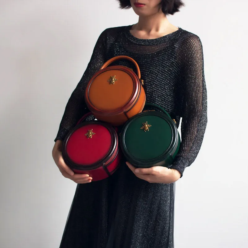 Womens Brown Leather Small Round Handbag Crossbody Purse Round Shoulder Bag for Women