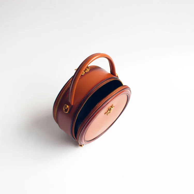 Womens Brown Leather Small Round Handbag Crossbody Purse Round Shoulder Bag for Women