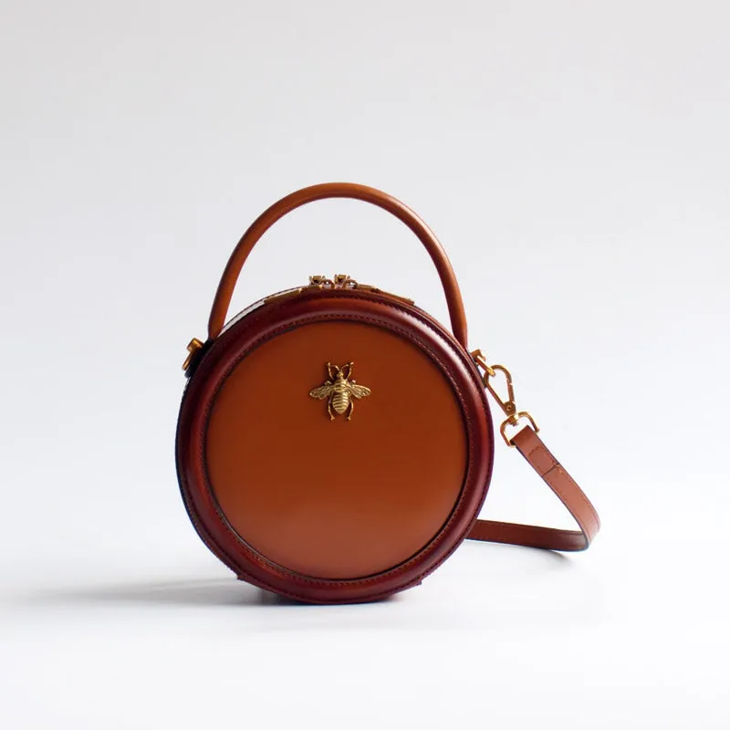 Womens Brown Leather Small Round Handbag Crossbody Purse Round Shoulder Bag for Women