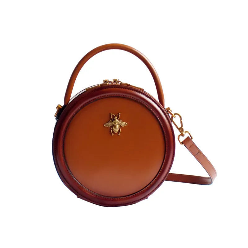 Womens Brown Leather Small Round Handbag Crossbody Purse Round Shoulder Bag for Women