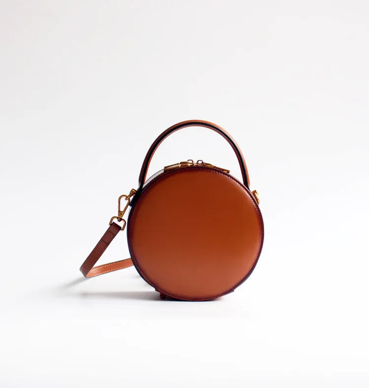 Womens Brown Leather Small Round Handbag Crossbody Purse Round Shoulder Bag for Women