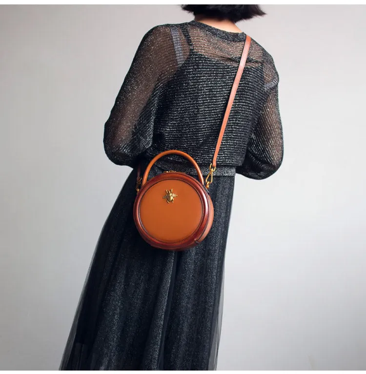 Womens Brown Leather Small Round Handbag Crossbody Purse Round Shoulder Bag for Women