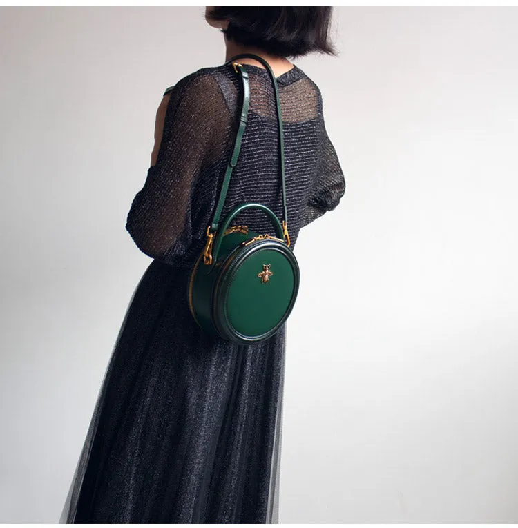 Womens Brown Leather Small Round Handbag Crossbody Purse Round Shoulder Bag for Women
