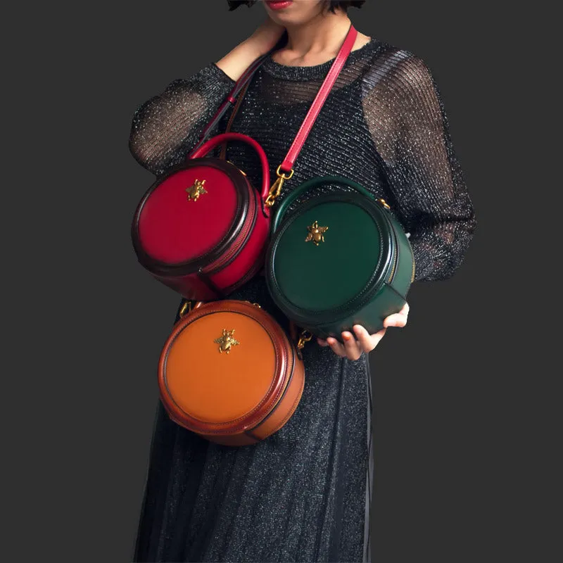 Womens Brown Leather Small Round Handbag Crossbody Purse Round Shoulder Bag for Women