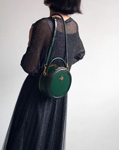 Womens Brown Leather Small Round Handbag Crossbody Purse Round Shoulder Bag for Women