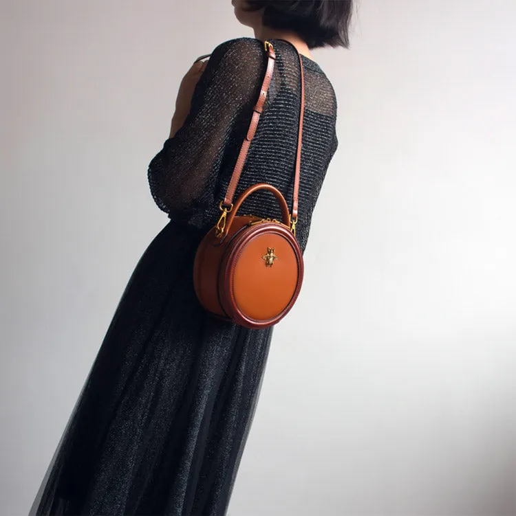 Womens Brown Leather Small Round Handbag Crossbody Purse Round Shoulder Bag for Women
