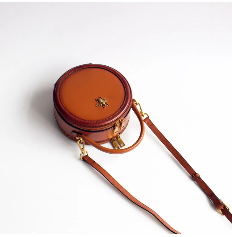 Womens Brown Leather Small Round Handbag Crossbody Purse Round Shoulder Bag for Women