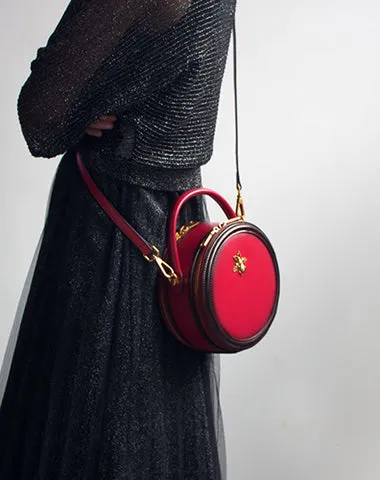 Womens Brown Leather Small Round Handbag Crossbody Purse Round Shoulder Bag for Women