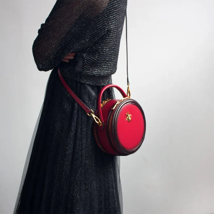 Womens Brown Leather Small Round Handbag Crossbody Purse Round Shoulder Bag for Women