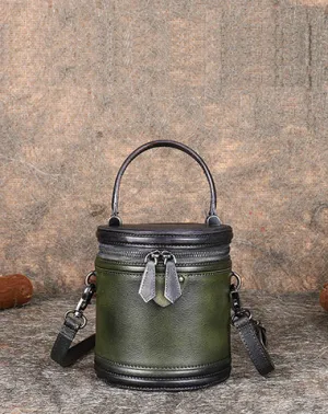 Womens Green Leather Barrel Handbag Purses Vintage Handmade Round Shoulder Bag Bucket Crossbody Handbag for Women