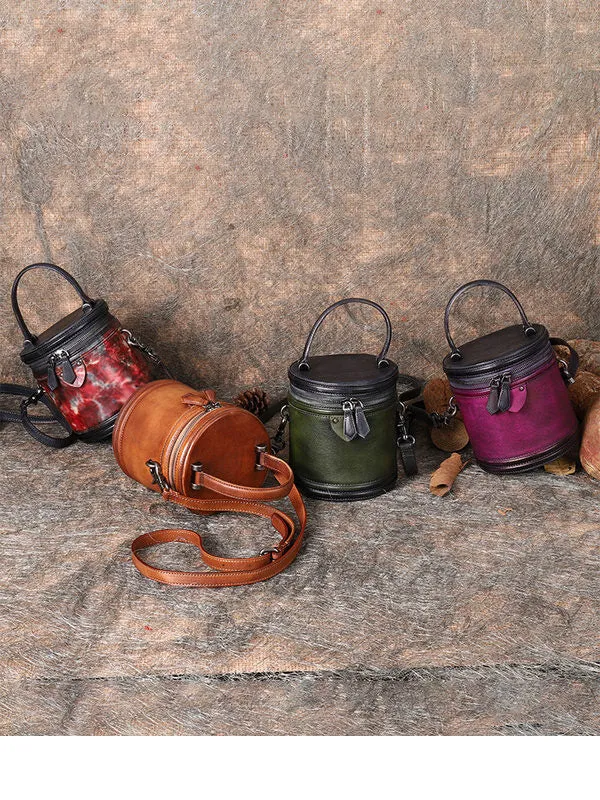 Womens Green Leather Barrel Handbag Purses Vintage Handmade Round Shoulder Bag Bucket Crossbody Handbag for Women
