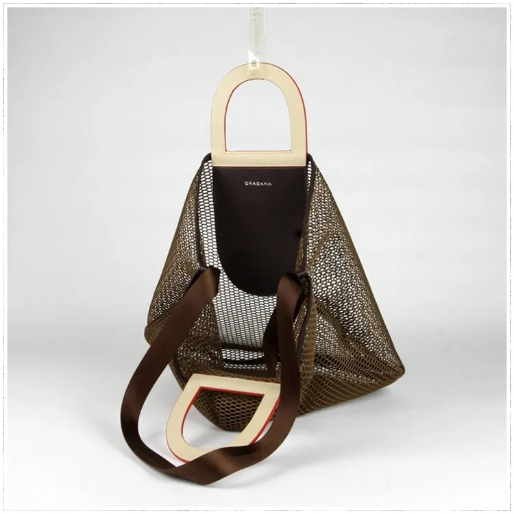 Womens Khaki Net Polyester Leather Tote Handbag Purse Polyester Tote Shoulder Bag Purse for Ladies